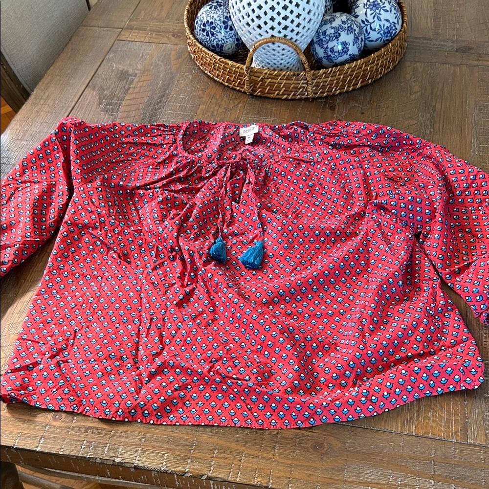 J. Crew Red Geometric Blouse with Tassels
